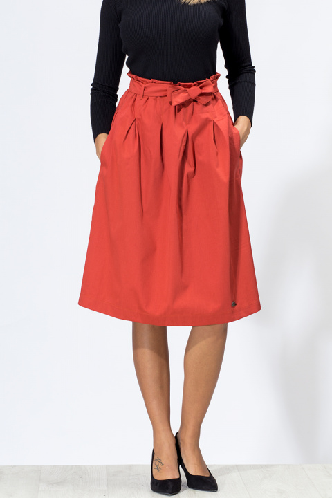 Памучна пола с допълнителен колан в цвят брик