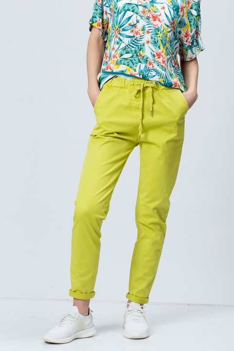 Дамски памучен панталон с връзка в цвят лайм