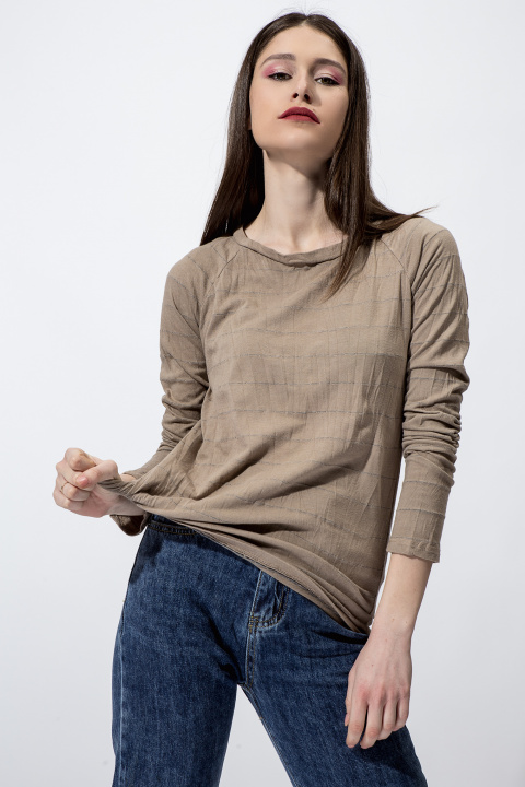 Дамска трикотажна блуза с реглан ръкав в цвят визон