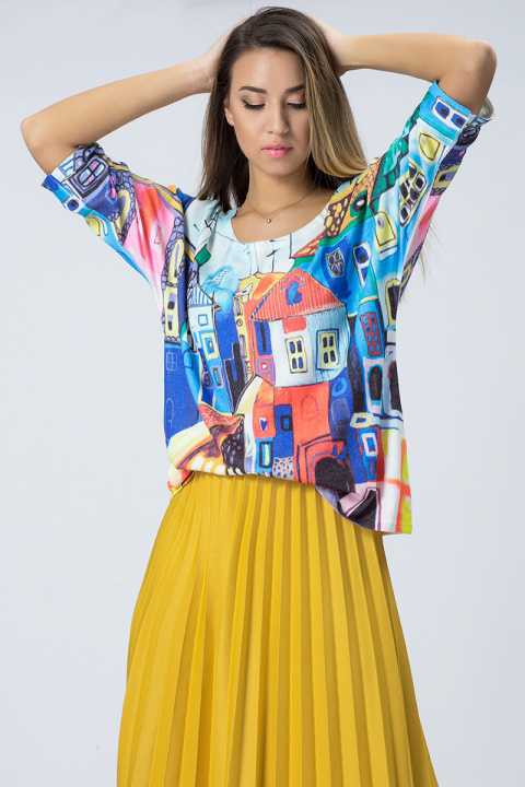Дамска блуза от фино плетиво с десен къщи