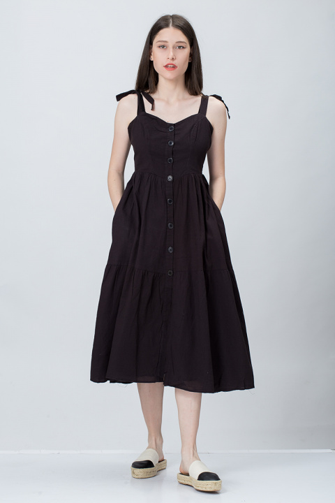 Памучна рокля с връзки на раменете в черно