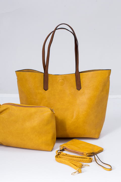 Дамска чанта с органайзер и портмоне в цвят горчица
