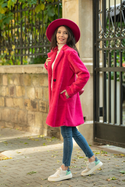 Дамско плюшено палто в цикламено розово