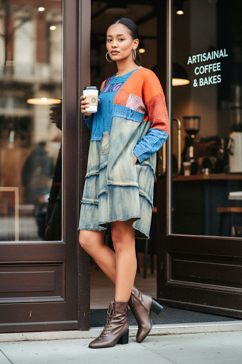 Цветна рокля с акцент деним и артистичен принт