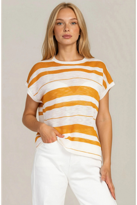 Дамска блуза ''Dragonfly'' в бежово-оранжево райе от фино плетиво със свободен силует