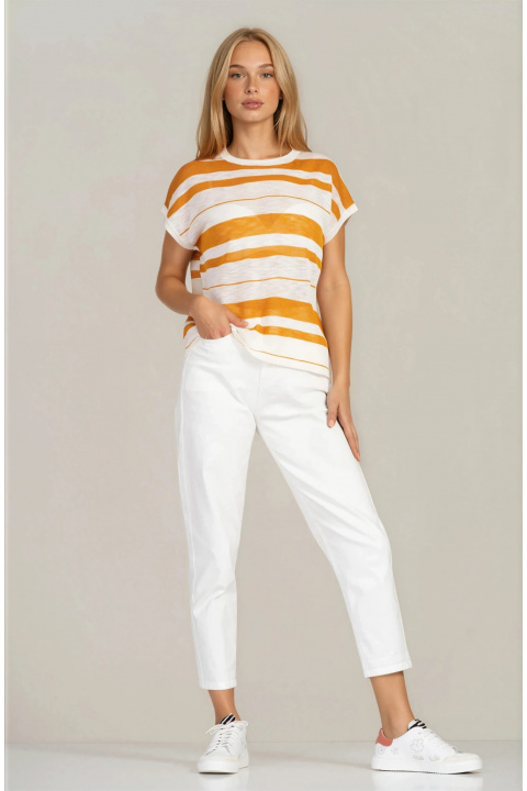 Дамска блуза ''Dragonfly'' в бежово-оранжево райе от фино плетиво със свободен силует