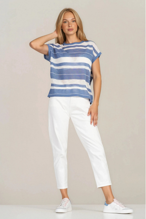 Дамска блуза ''Dragonfly'' в синьо-бяло райе от фино плетиво със свободен силует