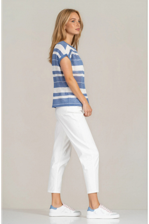 Дамска блуза ''Dragonfly'' в синьо-бяло райе от фино плетиво със свободен силует