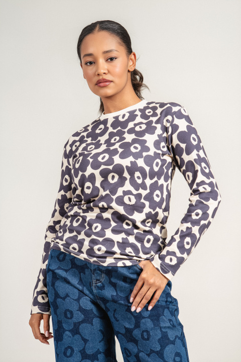 Дамска блуза ''Dragonfly''от органичен памук с принт лилави цветя