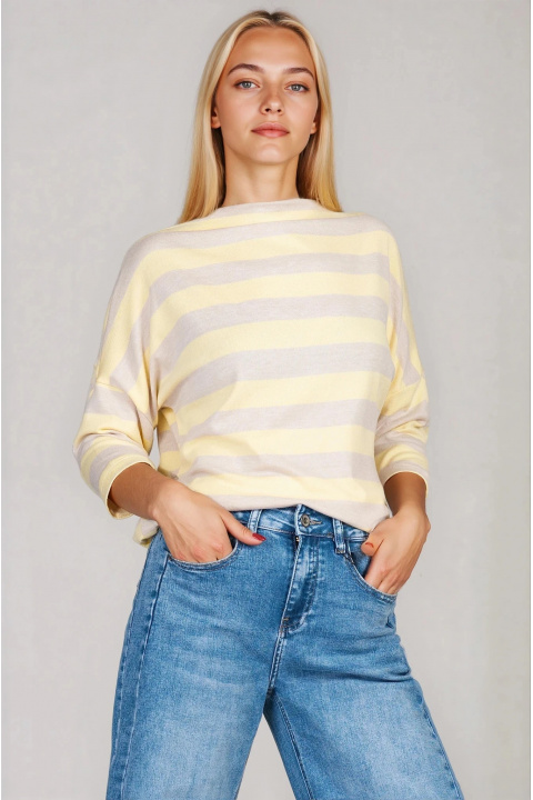 Дамска блуза от фино и меко плетиво с раиран принт в жълто и бежово