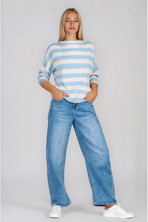 Дамска блуза от фино и меко плетиво с раиран принт в синьо и бежово