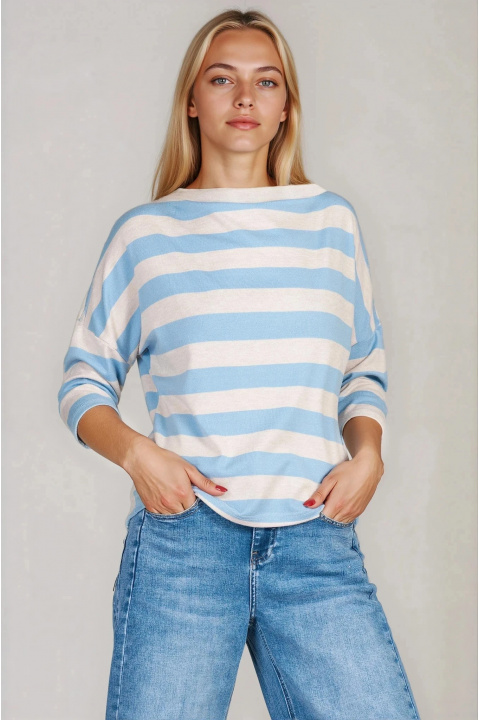 Дамска блуза от фино и меко плетиво с раиран принт в синьо и бежово