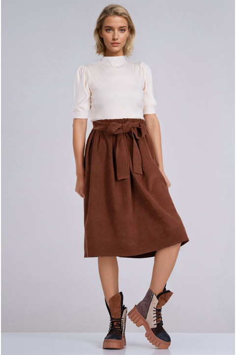 Миди кадифена пола в кафяво с ластик и колан в талията
