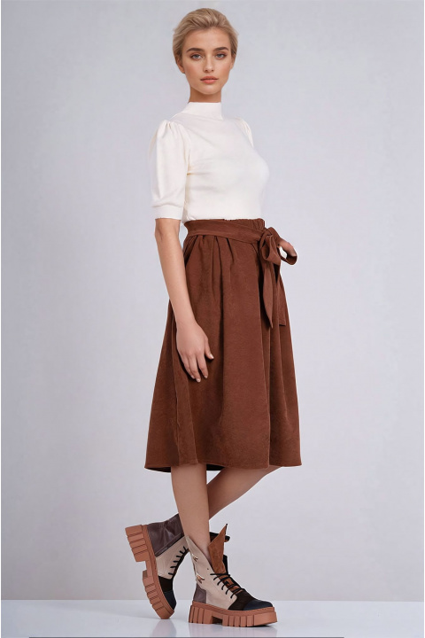 Миди кадифена пола в кафяво с ластик и колан в талията