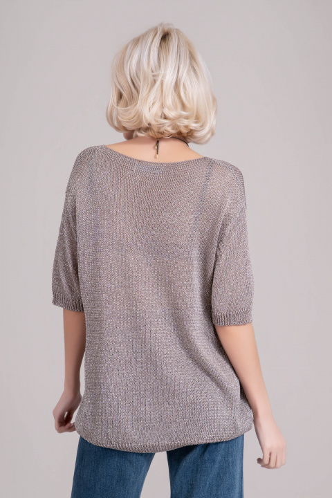 Дамска блуза от фино плетиво в сребристо с остро деколте и нишка ламе