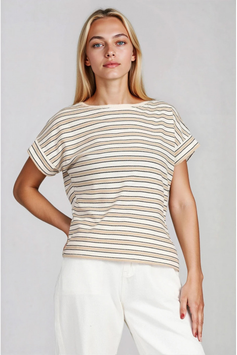 Дамска блуза от памук с бежово-черно райе