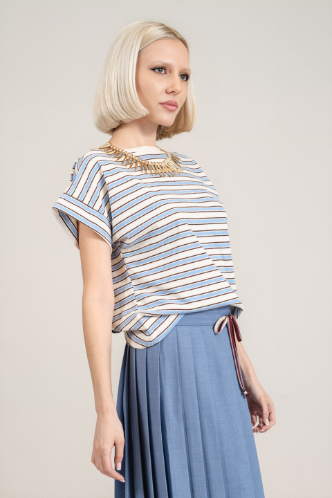 Дамска блуза от памук с бежово-синьо райе
