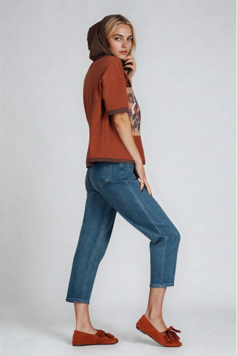 Дамска блуза от памук в цвят керемида с качулка и принт с цветя