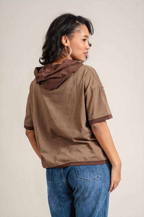 Дамска блуза от памук в цвят милитъри с качулка и принт с цветя