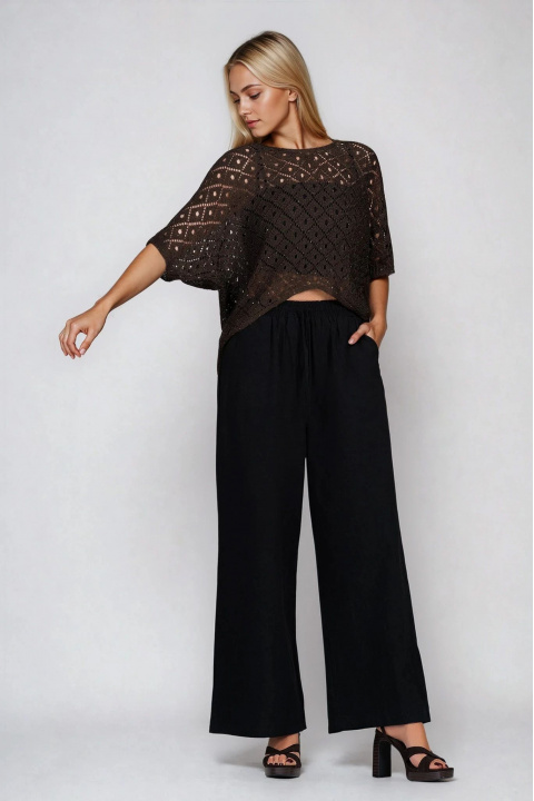 Дамска блуза от плетена дантела в кафяво с издължен гръб