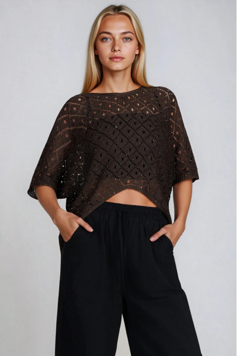 Дамска блуза от плетена дантела в кафяво с издължен гръб