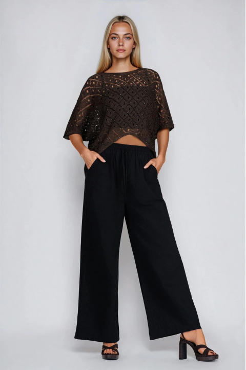 Дамска блуза от плетена дантела в кафяво с издължен гръб