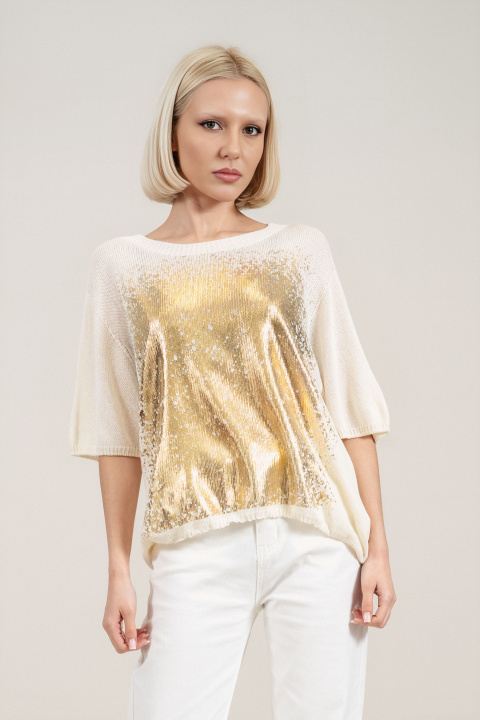 Дамска блуза от плетиво в цвят екрю със златист ефект и обло деколте