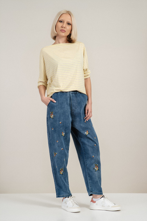 Дамска блуза от вискоза в жълто с бежово райе и свободна кройка