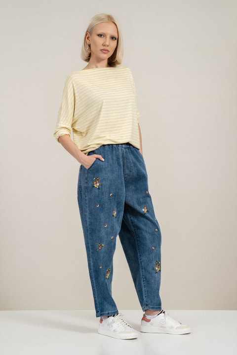 Дамска блуза от вискоза в жълто с бежово райе и свободна кройка