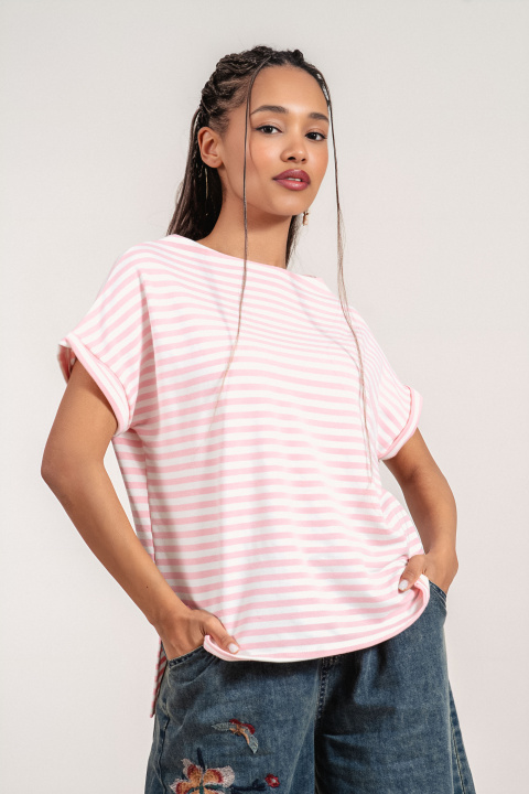 Дамска блуза с къс ръкав и раиран розов принт