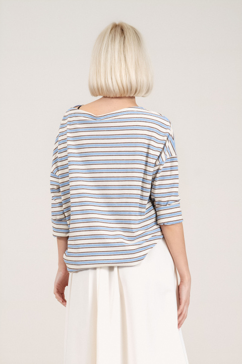 Дамска блуза с лодка деколте и синьо-бежово райе