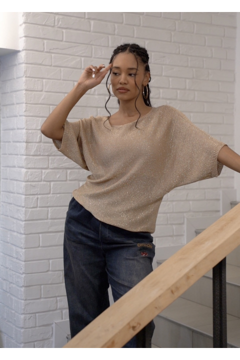 Дамска блуза в бежово с нишка ламе и сатенена връзка на гърба