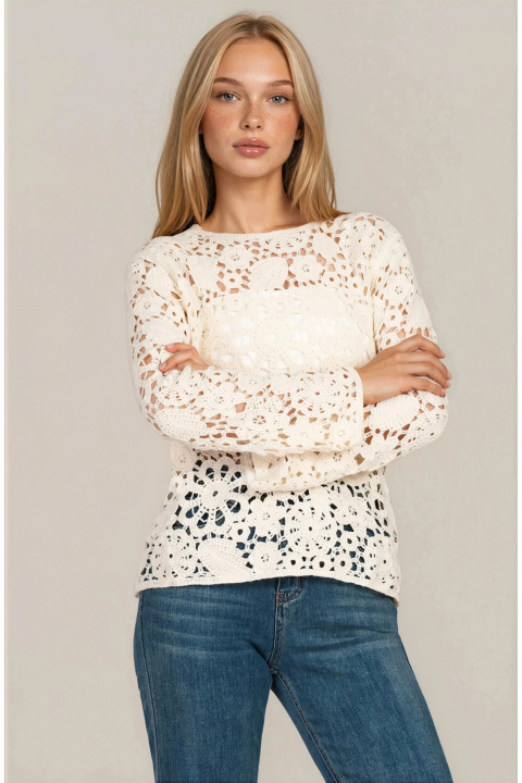 Дамска блуза в цвят екрю с плетена памучна дантела
