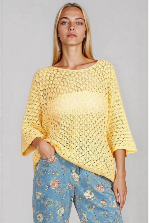 Дамска блуза в жълто със свободна кройка и едро петиво