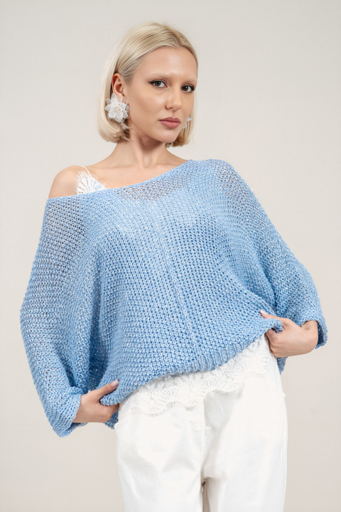 Дамска блуза в синьо от едро плетиво