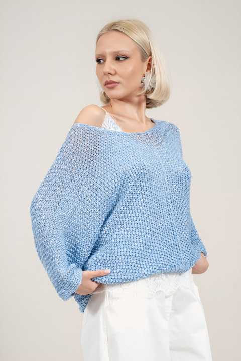 Дамска блуза в синьо от едро плетиво