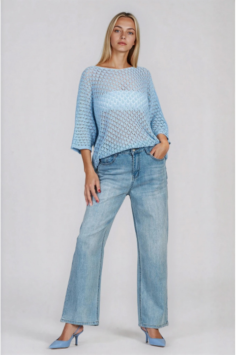 Дамска блуза в синьо със свободна кройка и едро петиво