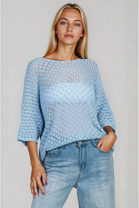 Дамска блуза в синьо със свободна кройка и едро петиво