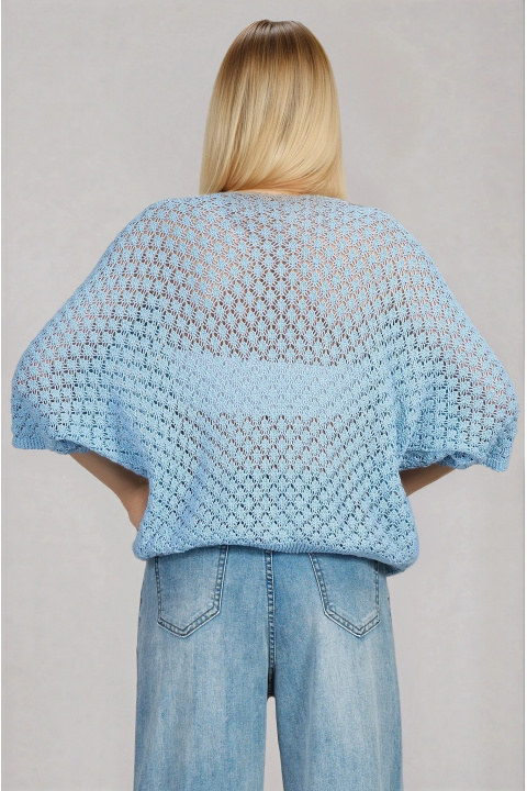 Дамска блуза в синьо със свободна кройка и едро петиво