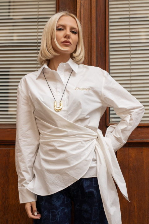 Дамска бяла памучна риза ''Dragonfly'' с ефектно завързване