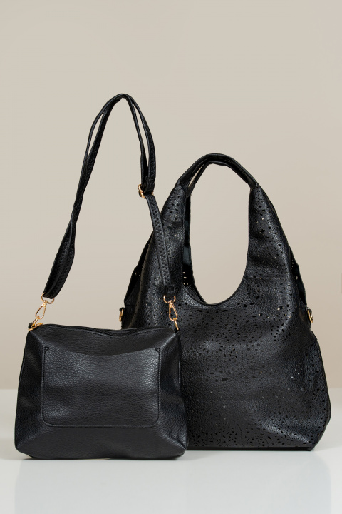 Дамска чанта 2в1 от перфорирана еко кожа в черно