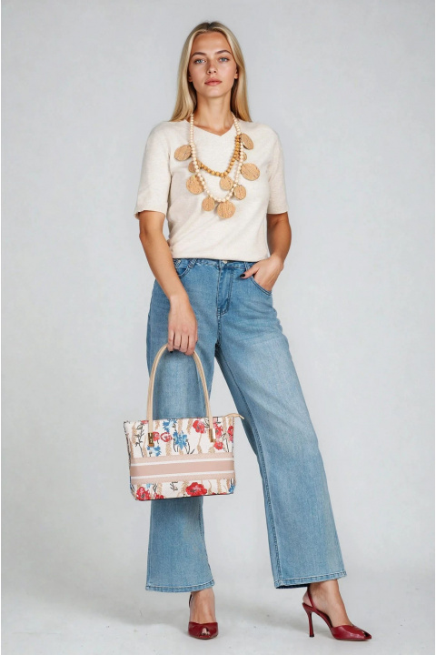 Дамска чанта от еко кожа в бежово с флорален принт в червено и синьо