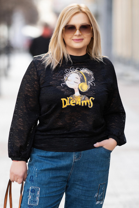 Дамска черна блуза от дантелена мрежа с щампа момиче и надпис