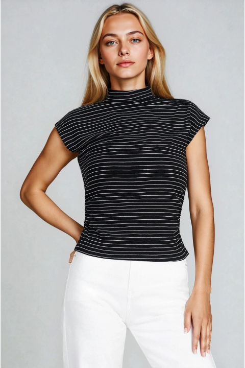 Дамска черна блуза с висока яка и бяло райе