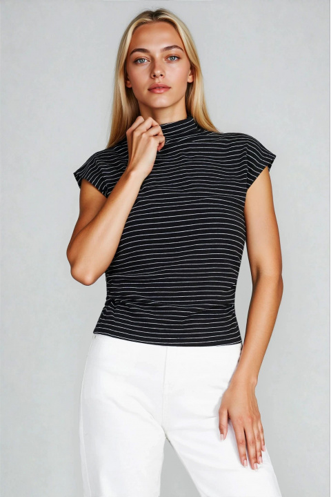 Дамска черна блуза с висока яка и бяло райе