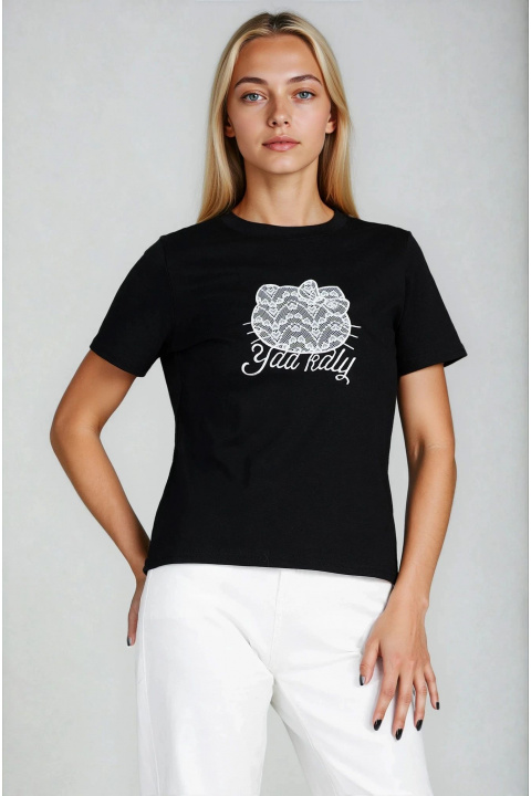 Дамска черна тениска от памук с бродирано коте и надпис