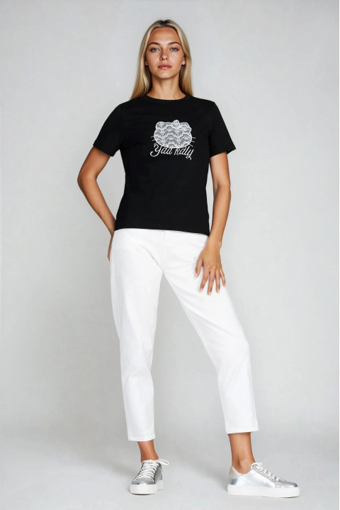 Дамска черна тениска от памук с бродирано коте и надпис