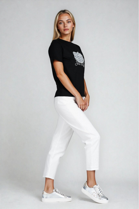 Дамска черна тениска от памук с бродирано коте и надпис