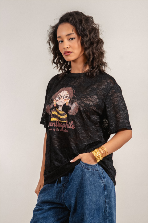 Дамска дантелена блуза в черно с щампа момиче с очила