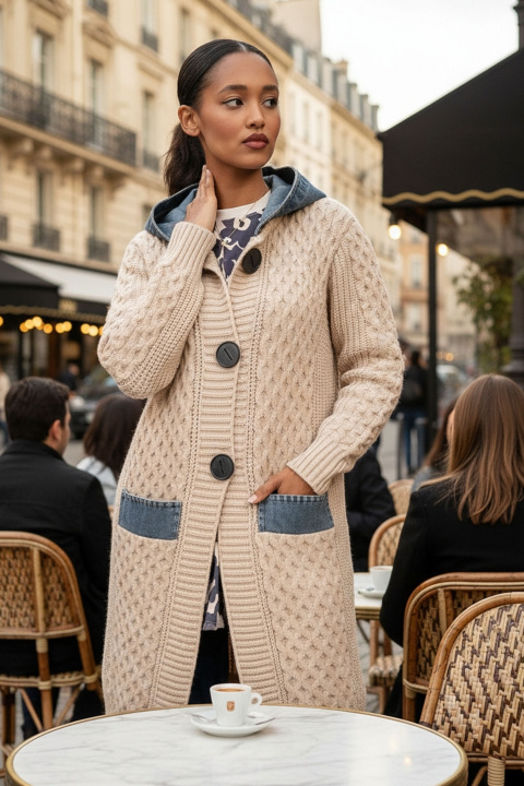 Дамска дълга плетена жилетка с качулка и джобове от деним